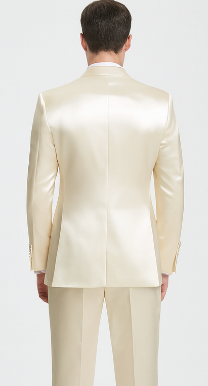 Champagne Satin Skinny Fit 3 Piece Tazzio Men's Suit with Double Breasted Vest and Peak Lapel Jacket - Image 3