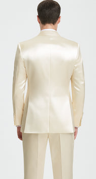 Champagne Satin Skinny Fit 3 Piece Tazzio Men's Suit with Double Breasted Vest and Peak Lapel Jacket - Image 3
