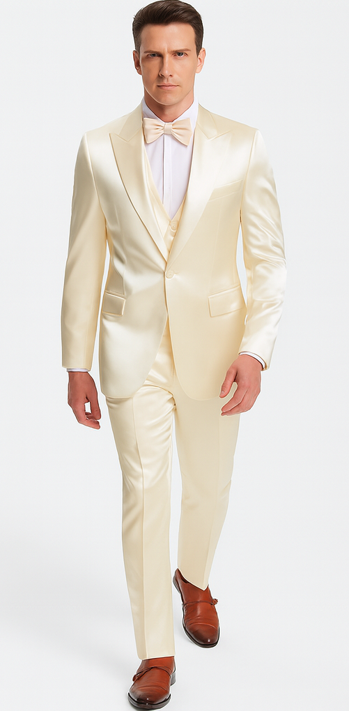 Champagne Satin Skinny Fit 3 Piece Tazzio Men's Suit with Double Breasted Vest and Peak Lapel Jacket - Image 5