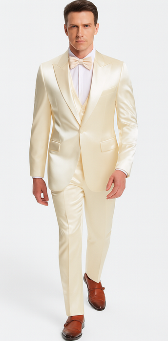 Champagne Satin Skinny Fit 3 Piece Tazzio Men's Suit with Double Breasted Vest and Peak Lapel Jacket