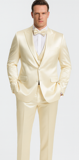 Champagne Satin Skinny Fit 3 Piece Tazzio Men's Suit with Double Breasted Vest and Peak Lapel Jacket