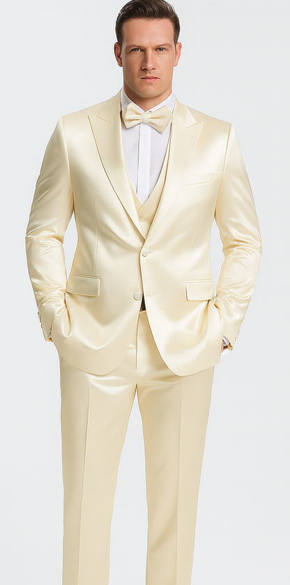Champagne Satin Skinny Fit 3 Piece Tazzio Men's Suit with Double Breasted Vest and Peak Lapel Jacket