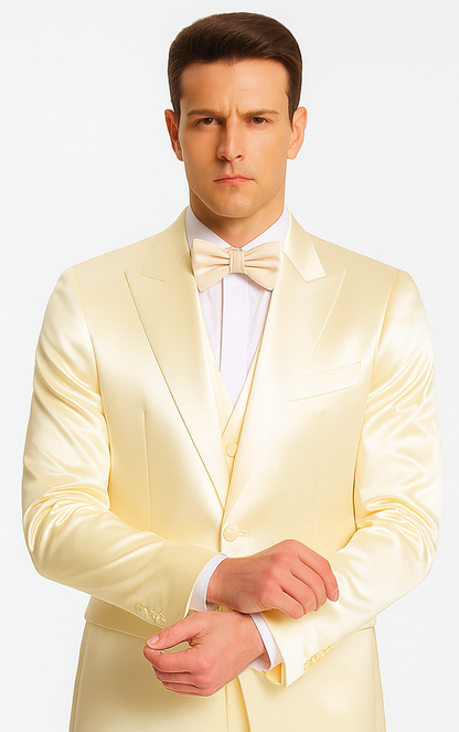 Champagne Satin Skinny Fit 3 Piece Tazzio Men's Suit with Double Breasted Vest and Peak Lapel Jacket - Image 6