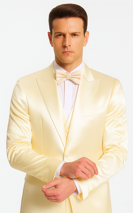 Champagne Satin Skinny Fit 3 Piece Tazzio Men's Suit with Double Breasted Vest and Peak Lapel Jacket