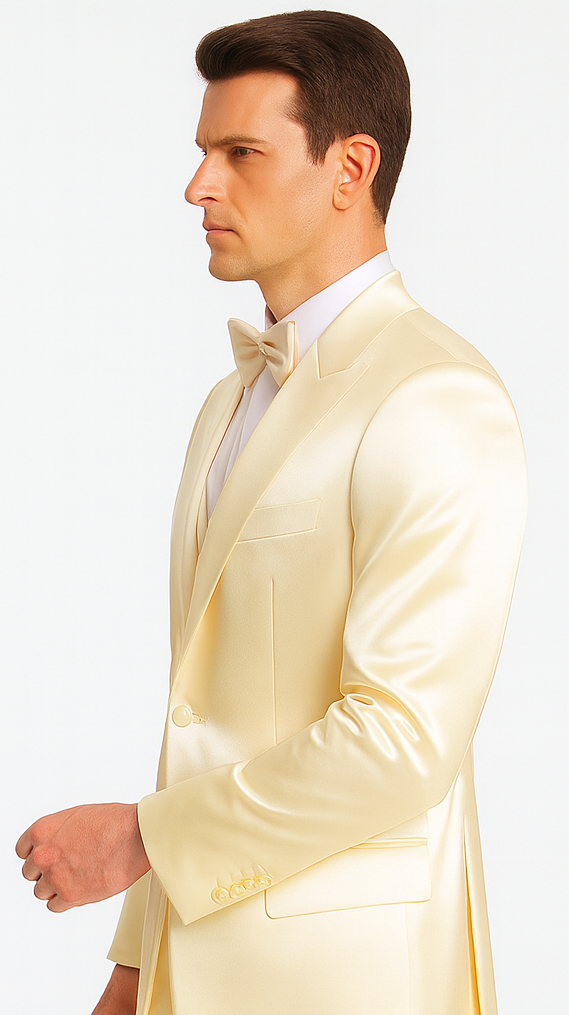 Champagne Satin Skinny Fit 3 Piece Tazzio Men's Suit with Double Breasted Vest and Peak Lapel Jacket - Image 7