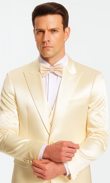 Champagne Satin Skinny Fit 3 Piece Tazzio Men's Suit with Double Breasted Vest and Peak Lapel Jacket