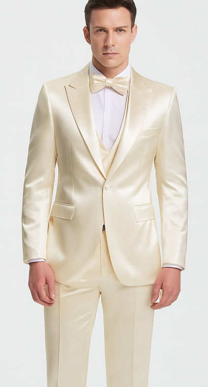 Champagne Satin Skinny Fit 3 Piece Tazzio Men's Suit with Double Breasted Vest and Peak Lapel Jacket - Image 2