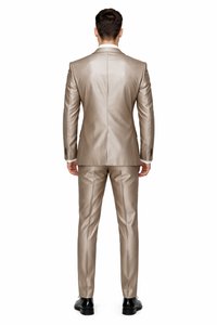 Champagne Suit Shiny Sharkskin Flashy Tan~champagne ~ Beige~Taupe 2 Button Style Jacket Flat Front Pants Notch Collar
