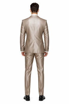 Champagne Suit Shiny Sharkskin Flashy Tan~champagne ~ Beige~Taupe 2 Button Style Jacket Flat Front Pants Notch Collar - Image 2