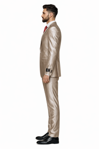Champagne Suit Shiny Sharkskin Flashy Tan~champagne ~ Beige~Taupe 2 Button Style Jacket Flat Front Pants Notch Collar