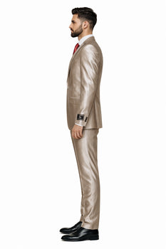 Champagne Suit Shiny Sharkskin Flashy Tan~champagne ~ Beige~Taupe 2 Button Style Jacket Flat Front Pants Notch Collar - Image 7