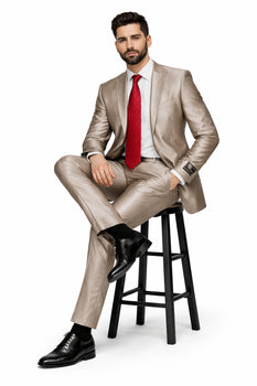 Champagne Suit Shiny Sharkskin Flashy Tan~champagne ~ Beige~Taupe 2 Button Style Jacket Flat Front Pants Notch Collar - Image 5