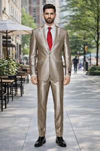 Champagne Suit Shiny Sharkskin Flashy Tan~champagne ~ Beige~Taupe 2 Button Style Jacket Flat Front Pants Notch Collar