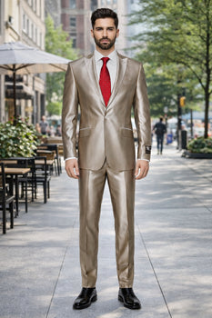 Champagne Suit Shiny Sharkskin Flashy Tan~champagne ~ Beige~Taupe 2 Button Style Jacket Flat Front Pants Notch Collar - Image 3