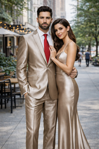 Champagne Suit Shiny Sharkskin Flashy Tan~champagne ~ Beige~Taupe 2 Button Style Jacket Flat Front Pants Notch Collar