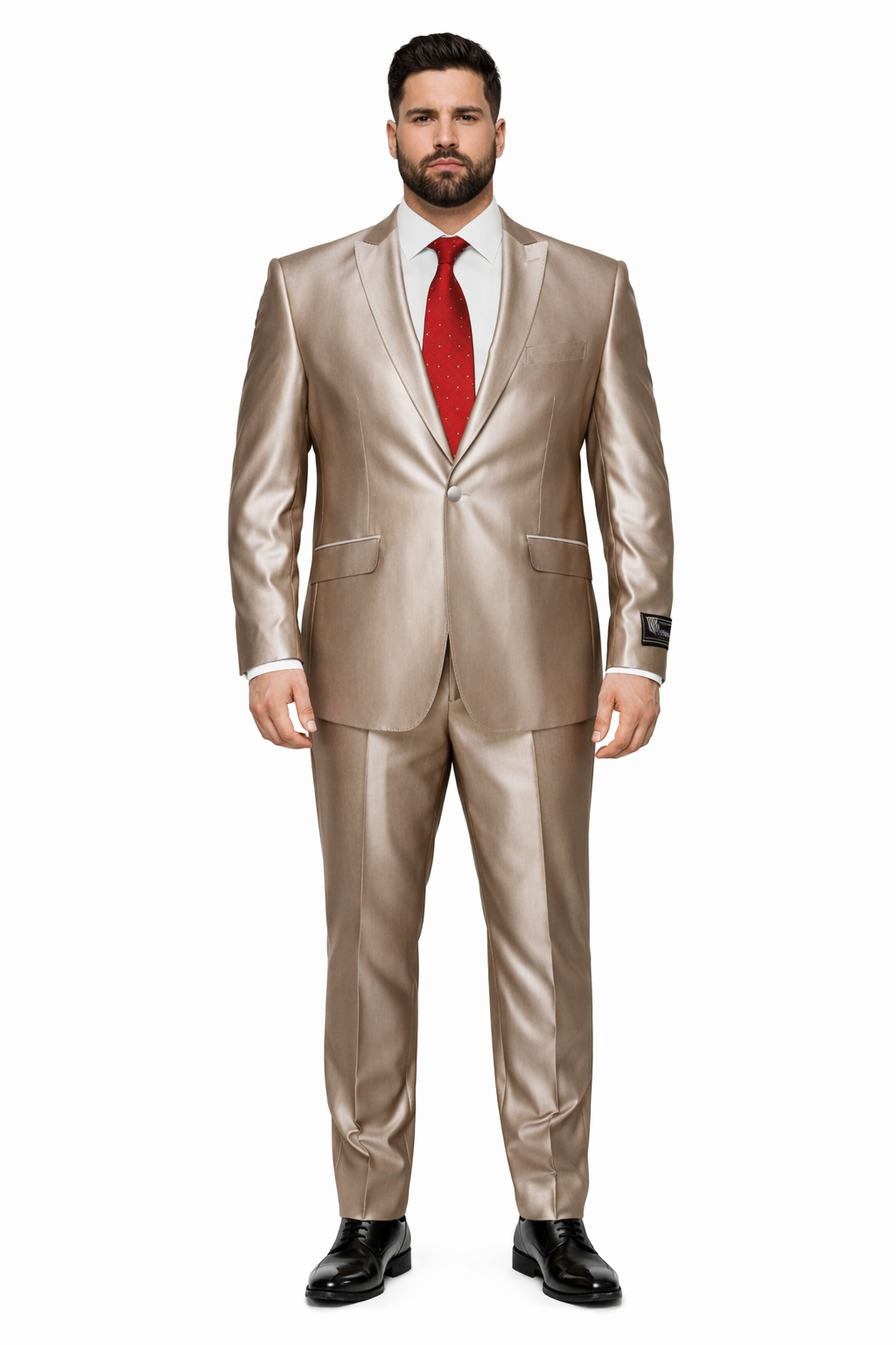 Champagne Suit Shiny Sharkskin Flashy Tan~champagne ~ Beige~Taupe 2 Button Style Jacket Flat Front Pants Notch Collar - Image 6