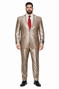 Champagne Suit Shiny Sharkskin Flashy Tan~champagne ~ Beige~Taupe 2 Button Style Jacket Flat Front Pants Notch Collar