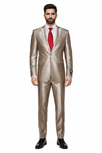 Champagne Suit Shiny Sharkskin Flashy Tan~champagne ~ Beige~Taupe 2 Button Style Jacket Flat Front Pants Notch Collar