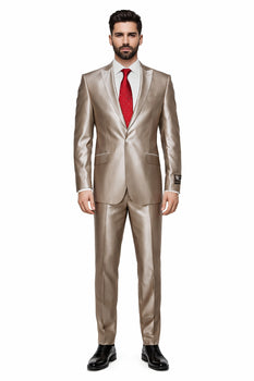 Champagne Suit Shiny Sharkskin Flashy Tan~champagne ~ Beige~Taupe 2 Button Style Jacket Flat Front Pants Notch Collar