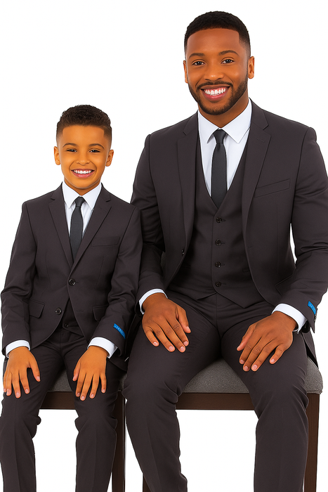 Father and Son Suits - Charcoal Boys Suit Perry Ellis Vested Boy's Wedding Suit in Charcoal Grey