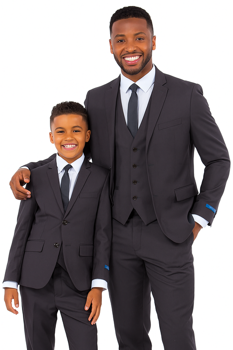 Father and Son Suits - Charcoal Boys Suit Perry Ellis Vested Boy's Wedding Suit in Charcoal Grey