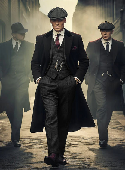 Men's Black Full-length Sleeves Buttoned Closure Peaky Blinders Suit - Peaky Blinders Outfit + Overcoat + Hat (Peaky Blinder Custome) - Image 9