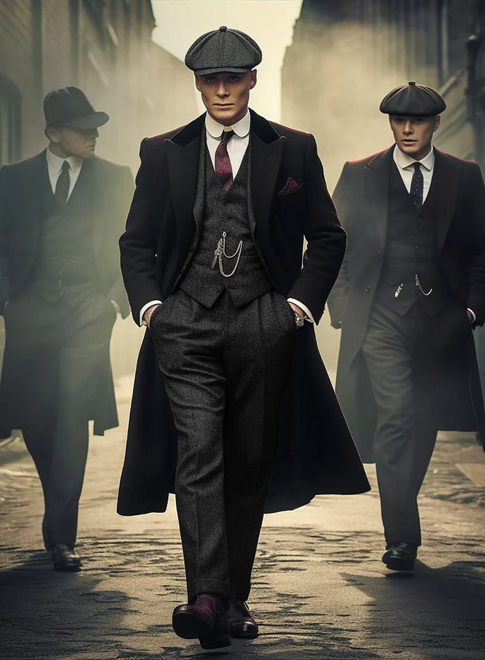 Men's Black Full-length Sleeves Buttoned Closure Peaky Blinders Suit - Peaky Blinders Outfit + Overcoat + Hat (Peaky Blinder Custome) - Image 9