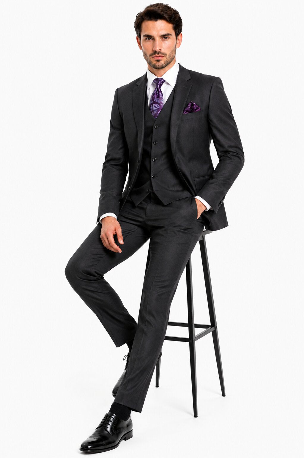 Mens 2 Button  Vested Wool Suit in Eggplant Modern Fit