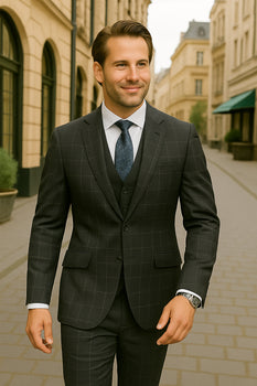 Wool Suit - Italian Made Business Suit by Statement Men's 3 Piece 100% Wool Modern Fit Suit - Fashion Pattern