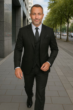 Wool Suit - Italian Made Business Suit by Statement Men's 3 Piece 100% Wool Modern Fit Suit - Solid Scoop Vest