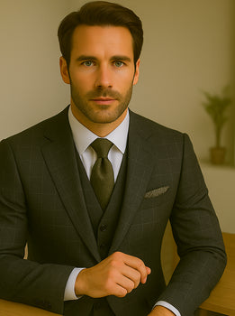 Wool Suit - Italian Made Business Suit by Statement Men's 3 Piece 100% Wool Modern Fit Suit - V-Neck Double Breasted Vest