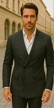 Wool Suit - Italian Made Business Suit by Statement Men's 100% Wool 2 Piece Suit - Double Breasted Plaid