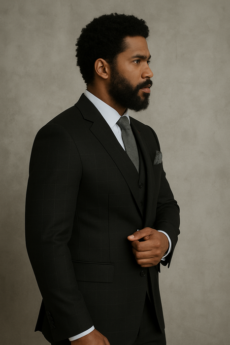 Wool Suit - Italian Made Business Suit by Statement Men's 3 Piece 100% Wool Modern Fit Suit - Sharp Plaid Pattern