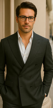 Wool Suit - Italian Made Business Suit by Statement Men's 100% Wool 2 Piece Double Breasted Suit - Subtle Windowpane