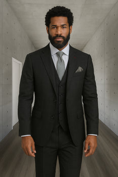 Wool Suit - Italian Made Business Suit by Statement Men's 3 Piece 100% Wool Modern Fit Suit - Sharp Plaid Pattern