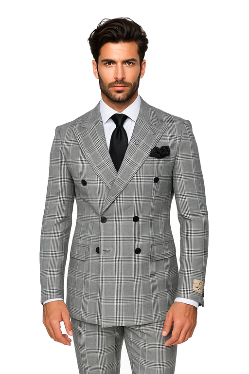 Suits With Baggy Pleated Pants - Wide Leg Pants 100% Wool - Classic Fit in Black and White Plaid Color by Rossiman