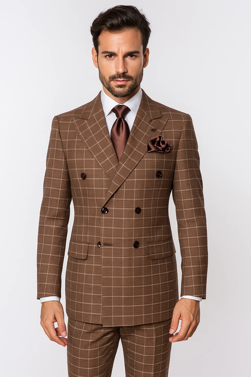Suits With Baggy Pleated Pants - Wide Leg Pants 100% Wool - Classic Fit in Brown Plaid Color by Rossiman