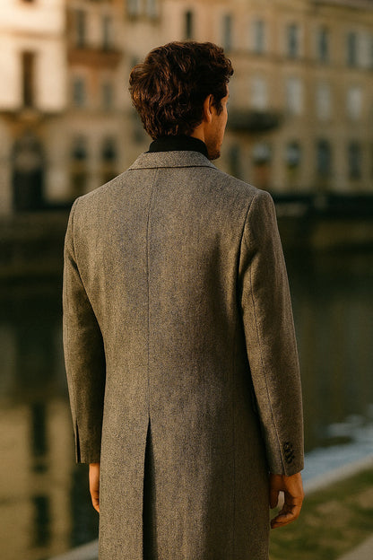 Herringbone Wool & Cashmere Chesterfield Overcoat – 1920s Full Length - Image 6