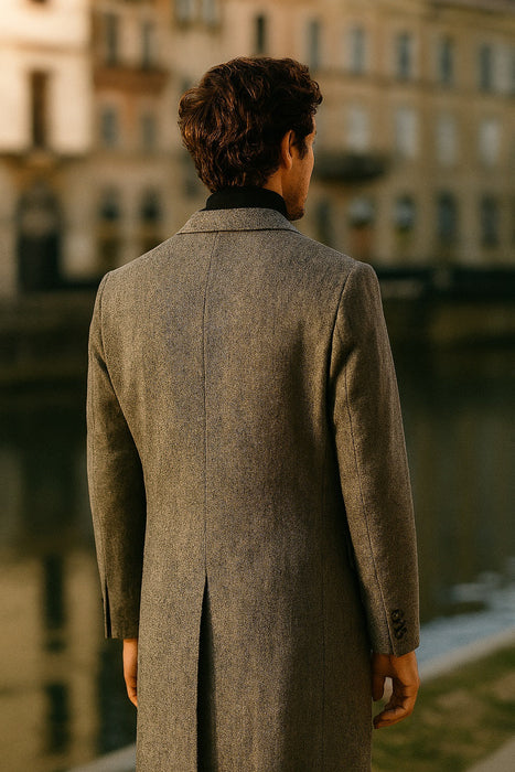 Herringbone Wool & Cashmere Chesterfield Overcoat – 1920s Full Length