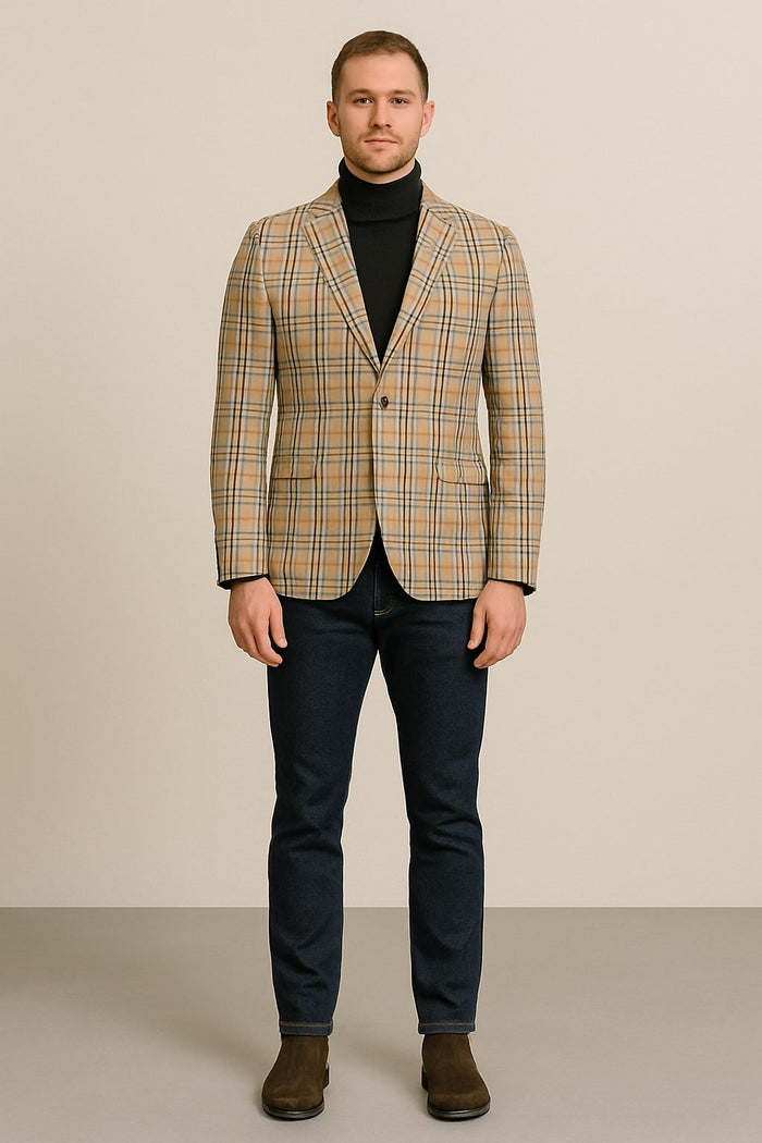 Classic Beige Checkered Blazer – Tan Plaid Sport Coat - Camel Windowpane Pattern - Image 3