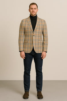 Classic Beige Checkered Blazer – Tan Plaid Sport Coat - Camel Windowpane Pattern - Image 3