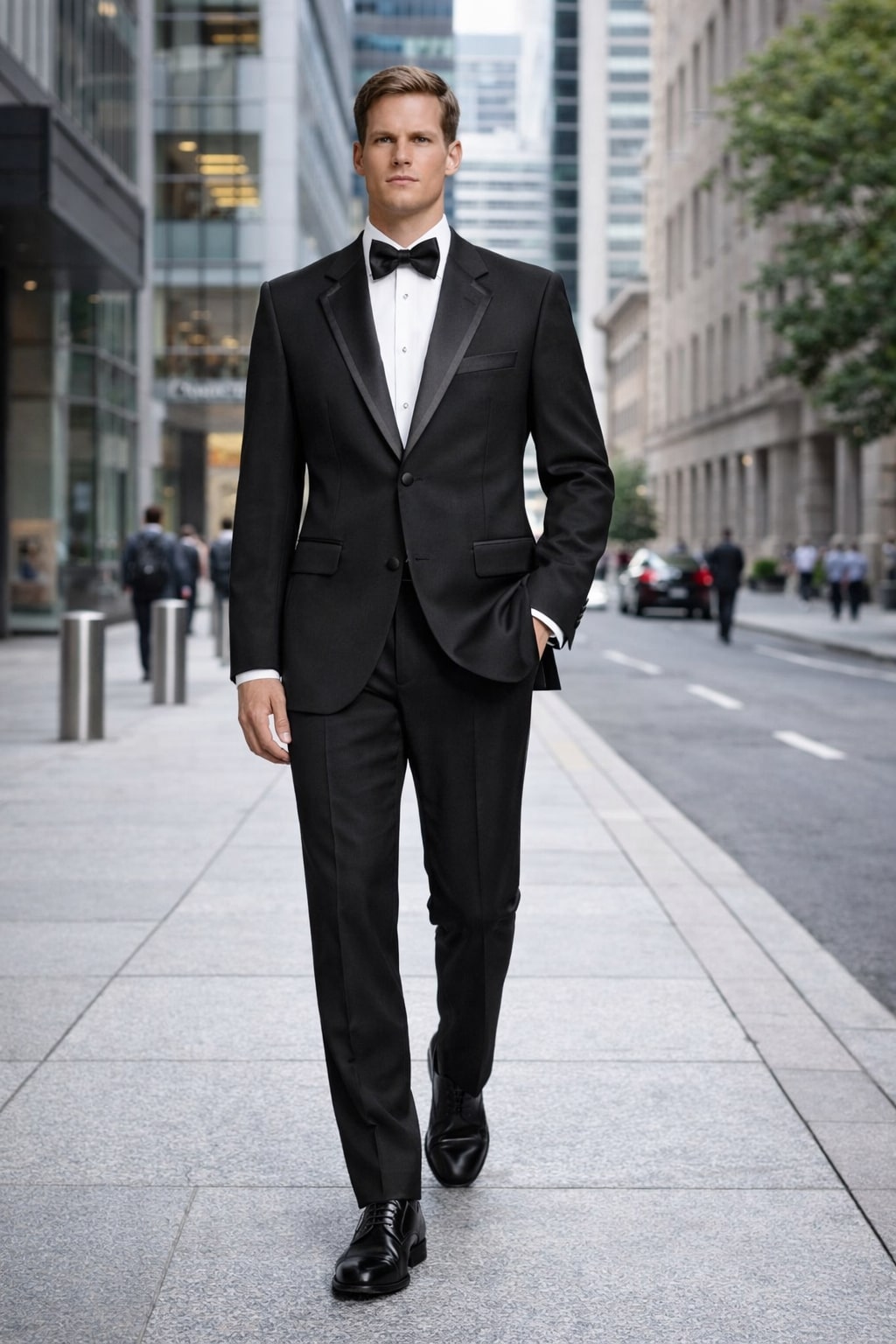 2 Button Solid Black Tuxedo With Black Trim No Pleated Pants Wool Suit - Image 7