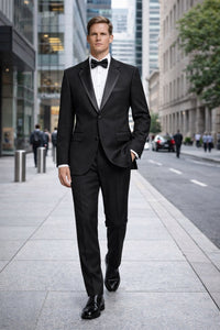 2 Button Solid Black Tuxedo With Black Trim No Pleated Pants Wool Suit