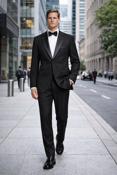 2 Button Solid Black Tuxedo With Black Trim No Pleated Pants Wool Suit - Image 7