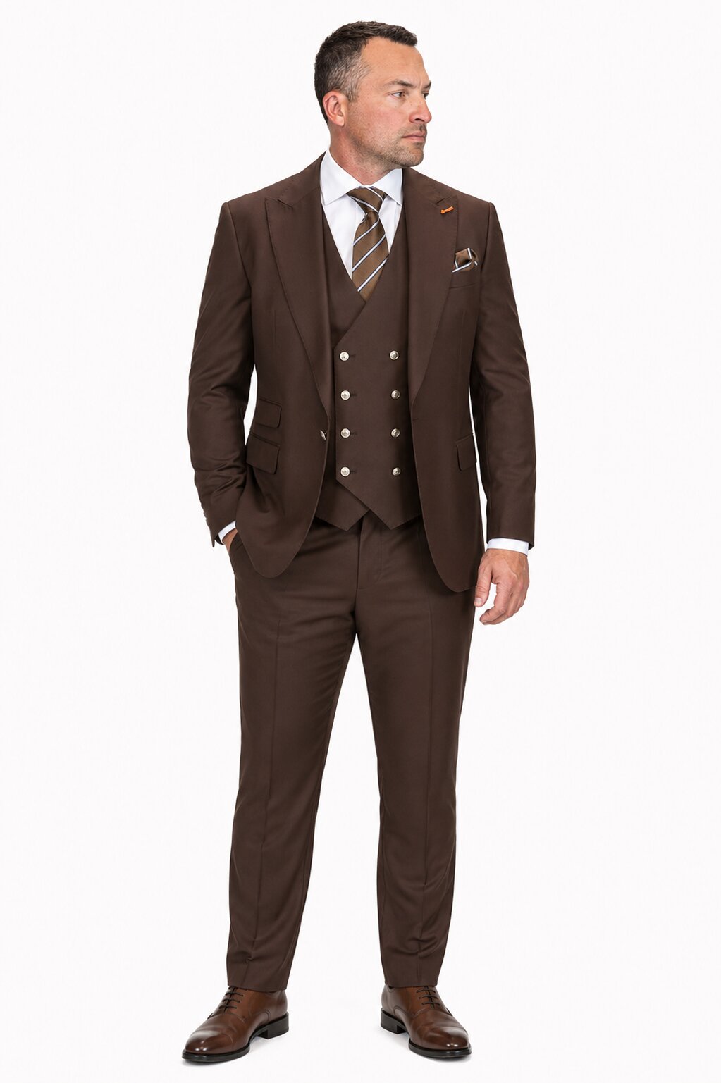 Men's Brown Statement Ticket Pocket Peak Lapel Wool Double Breasted Vest Suit with Silver Buttons – Modern Fit