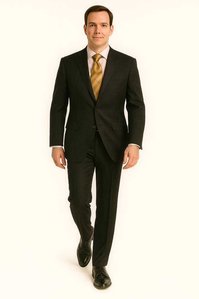 Black Almost Very Dark Gray Wiht Light Gray Pinstripe 100% Worsted Wool Available In 2 Or 3 Buttons Style Regular Classic Cut Cheap Priced Business Suits Clearance Sale - Image 5