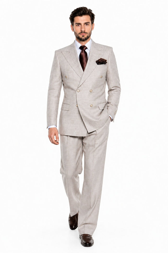 Suits With Baggy Pleated Pants - Wide Leg Pants 100% Wool - Classic Fit in Light Brown Color by Rossiman