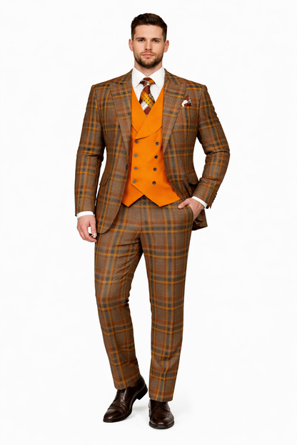 Mens Two Button Peak Lapel Suit Brown ~ Yellow