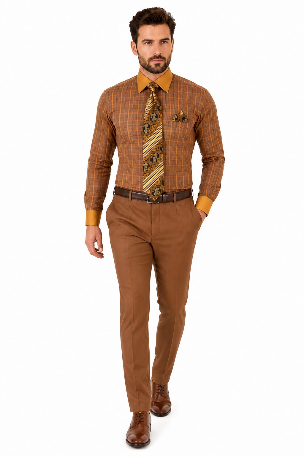 Rust Tone on Tone Check Pattern Dress Shirt Set with Cuff