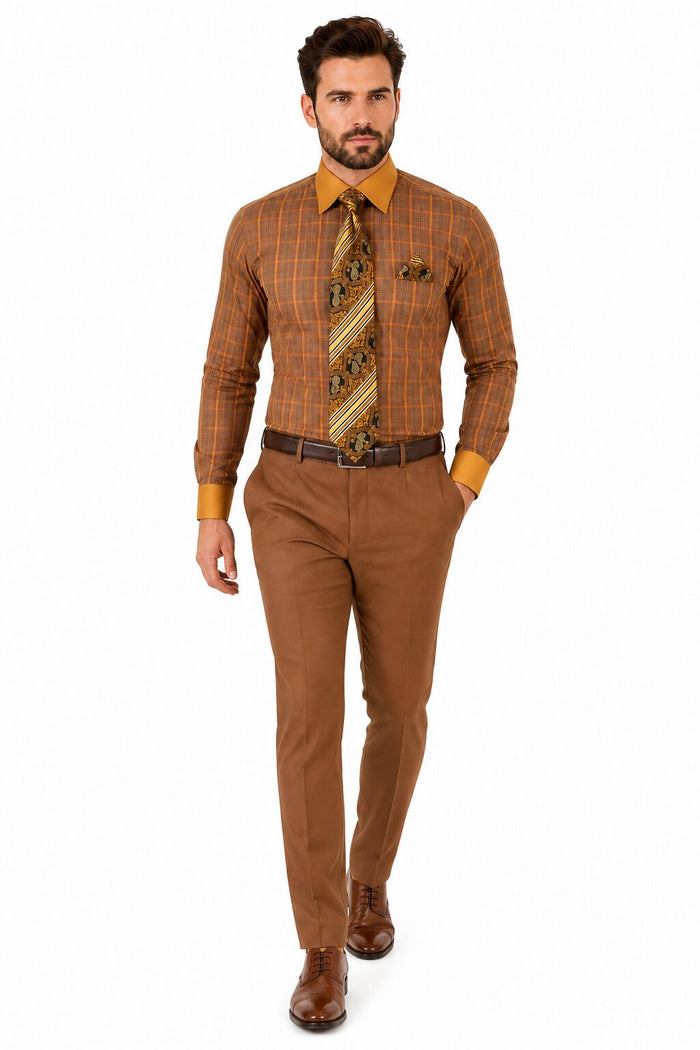 Rust Tone on Tone Check Pattern Dress Shirt Set with Cuff